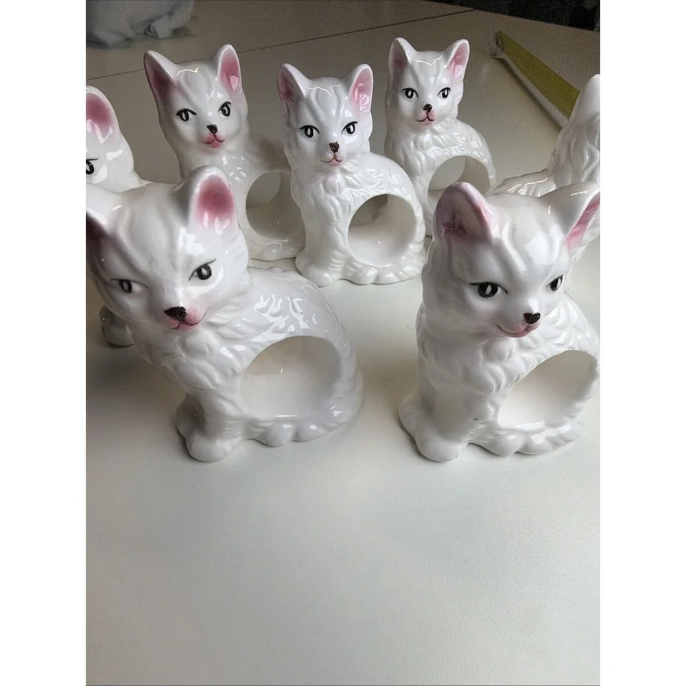 Abbott Kitten/Cat/Kitty Napkin Rings Set Of 7 Vintage 80's Porcelain,‎ Ceramic